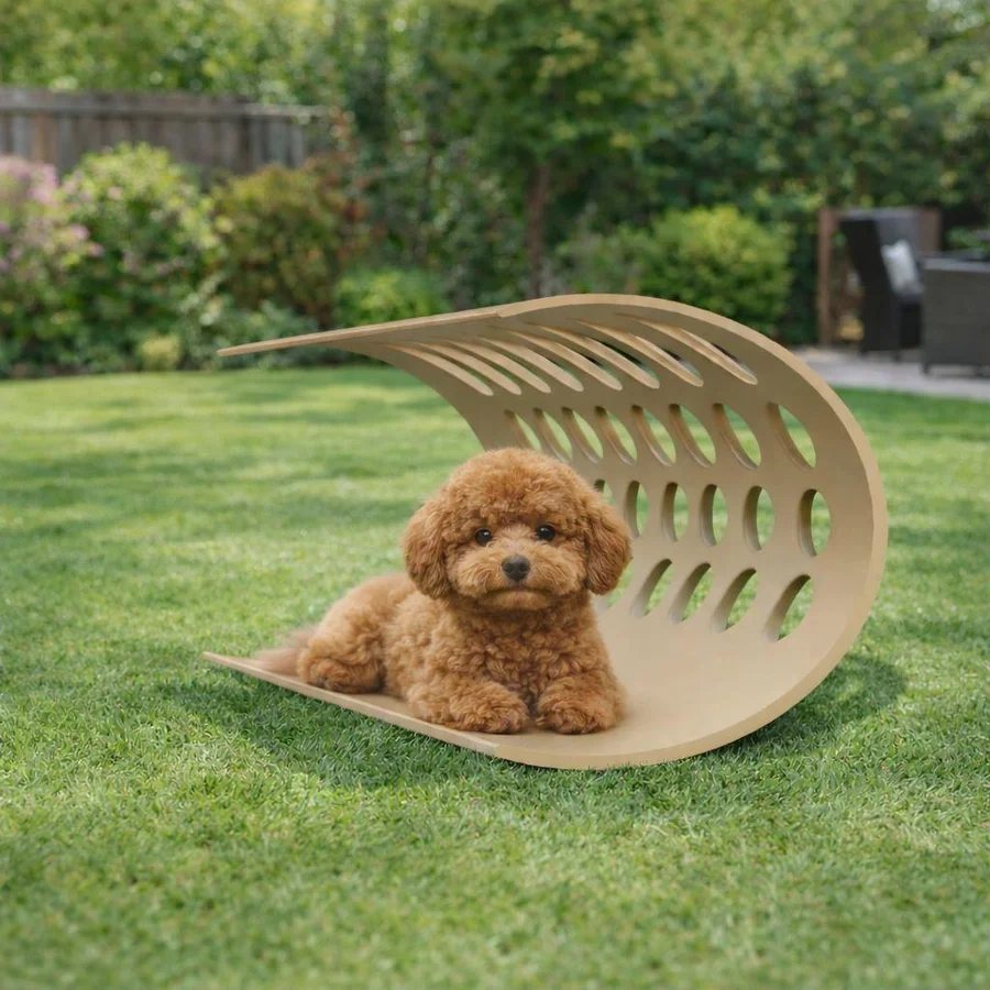 Small dog resting in a minimalist rocking chair concept